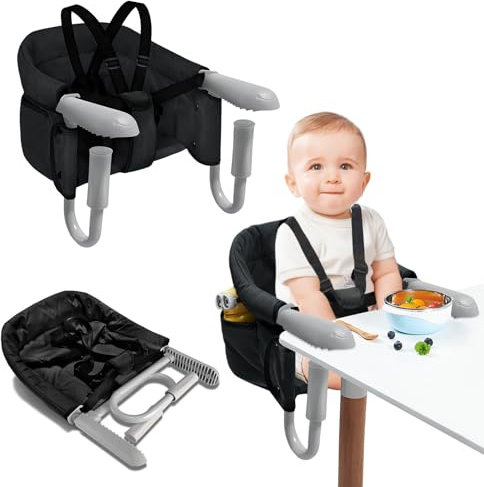 NAIZY Tischsitz Baby Schwarz Sitzerhöhung Stuhl Kind Hochstuhl Faltbar mit Rutschfeste Griff & Sicherheitsgurt & Aufbewahrungstaschen Kinderhochstuhl für 2-8cm dicke Tisch