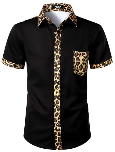 JEMITOP Men's Casual Hipster Leopard Cheetah Print Short Sleeve Button Down Shirt for Summer Party Black Leopard L