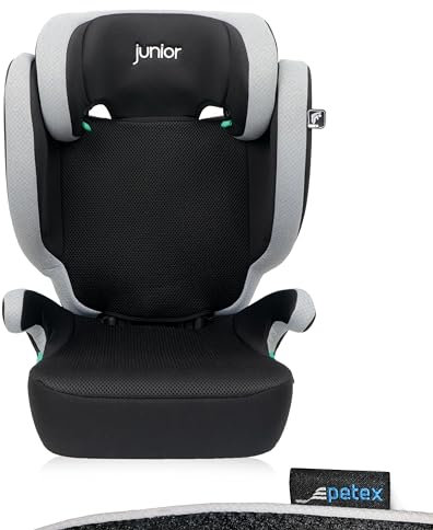 PETEX Asiento infantil para coche con ISOFIX – Basic Plus i-Size Norma según ECE R129 para niños de aprox. 100 – 150 cm, asiento infantil regulable en altura en gris, 1 pieza