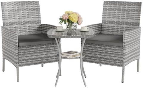 UDPATIO Gartenmöbel Set 3-Teilige Lounge Balkonmöbel Set mit Wetterfeste Gartentisch und 2 Stühlen für Kleiner Balkon, Terrasse und Draußen, Strapazierfähige Polyrattan Terrassenmöbel 2 Personen Grau