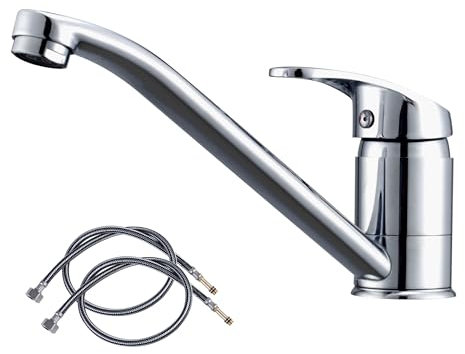 Classic Kitchen Sink Mixer Tap One-Handle Low Arc Kitchen Faucet with Long Neck 360 Degree Swivel Single Hole Caravan Tap with Pair of 80CM UK Standard Hoses, Chrome