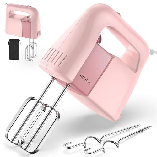 GUALIU 450W Electric Hand Mixer, 5-Speed Handheld Mixer Large Food Mixer with 304 Stainless Steel Whisk Beaters, Dough Hooks & Storage Bag, Hand Blender for Baking & Cooking, Turbo Boost/Pink