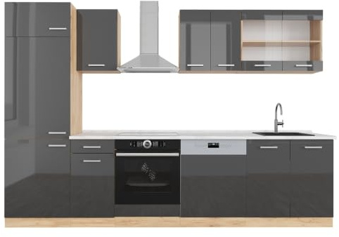 Vicco Küchenzeile R-Line, Anthrazit Hochglanz/Goldkraft Eiche, 300 cm, AP Marmor, für Flexible Anordnung und Erweiterung mit Zusatzmodulen