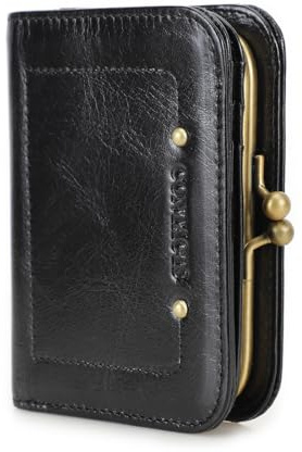 Contacts Cartera RFID para Mujer con Cierre de Beso, Monedero Bifold Compacto de Cuero Genuino para Damas con Bolsillo con Cremallera Vintage, Tarjetero Pequeño Clutch con Ventana de ID, S, Clásico
