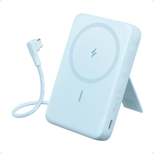 Anker Zolo Magnetisk Powerbank, 10,000mAh Trådlös Bärbar Laddare med 30W Max Snabbladdning, Batteripaket med Inbyggd USB-C Kabel och Justerbart Stativ, För iPhone 16/15/14 Serien, AirPods, och Mer | Inbyggt och justerbart stativ för iPhone 15/14, AirPods och mer