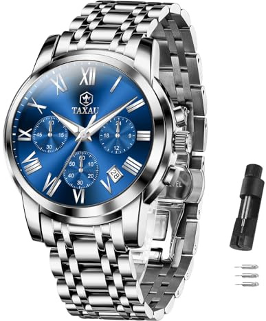 Taxau Armbanduhr Herren Chronograph Analogue Quartz Uhr Herren Edelstahl Wasserdicht Leuchtende Klassische Luxus Business Herrenuhren Geschenke für Männer