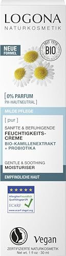 LOGONA Naturkosmetik PUR Sanfte & beruhigende Feuchtigkeitscreme mit Bio-Kamillenextrakt & Probiotika, pH-hautneutrale Pflege für empfindliche Haut, vegane Creme für beruhigte Haut, 30ml