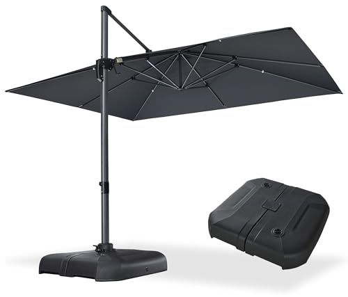 PURPLE LEAF Sombrilla Terraza 3 x 4 m con Base, Sombrilla Jardin Exterior con 8 Varillas de Aluminio, Tejido 240 g/m2 Protección UV 50+, Manivela, 5 Ajustes de Inclinación y Rotación 360°, Gris