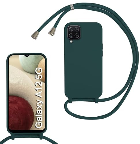 SLWYF Compatible with Samsung Galaxy A12 5G Crossbody Lanyard Case, Liquid Silicone Protective Phone Case with Strap Adjustable Neck Cord Necklace Soft Cover for Samsung Galaxy A12 5G, Dark green