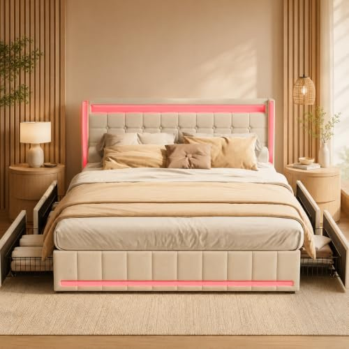 WOBOPCG Polsterbett Doppelbett 140x200,Stauraumbett mit Lattenrosten 4 Schubladen Bett mit Lattenrost mit Aufladen USB und Licht Stauraumbetten Bettgestell (Beige Leinen（USB）, 140x200)