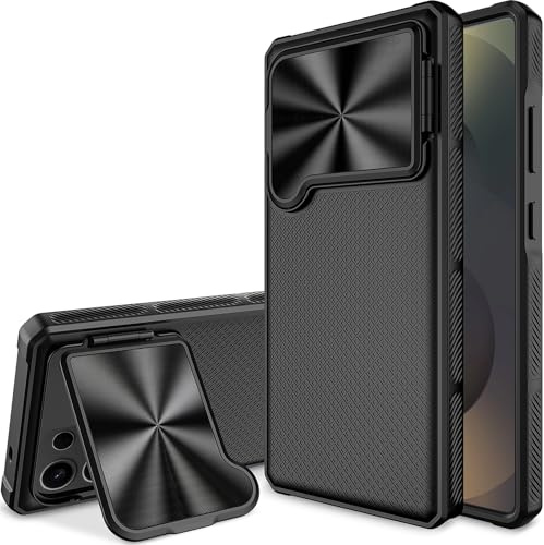 Miimall Coque pour Samsung Galaxy S25 Ultra avec Cache Caméra, Compatible avec Mag-Safe, Militaire Robuste Antichoc Intégrale Cover, Béquille Réglable Magnétique Étui Samsung S25 Ultra, Noir