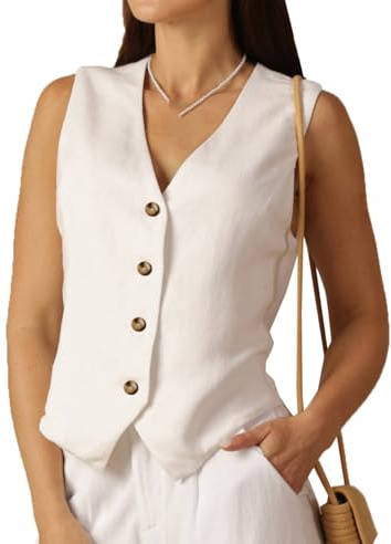 Gilet sans manches en lin Fakanhui avec col en V boutonné pour femme - Beige - S ou M