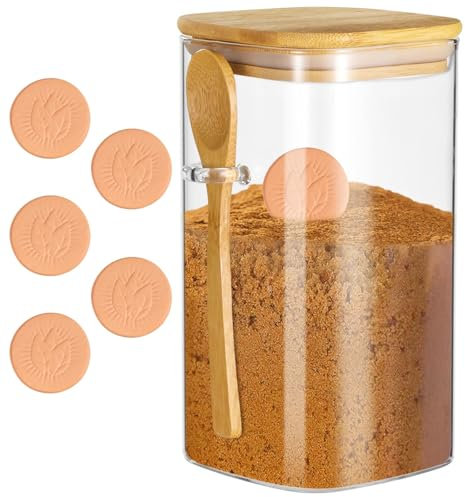 Bosreroy Sucrier en verre de 1500 ml avec couvercle en bois, comprend 5 absorbeurs d'humidité en terre cuite, pot de conservation hermétique