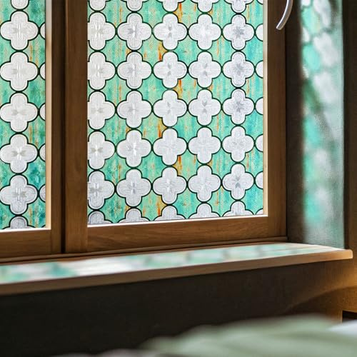 Stained Glass Window Film Privacy for Glass Windows, Window Privacy Film UV Blocking Static Cling for Home Kitchen Office Bathroom, Canglang Pavilion Green 60X90CM