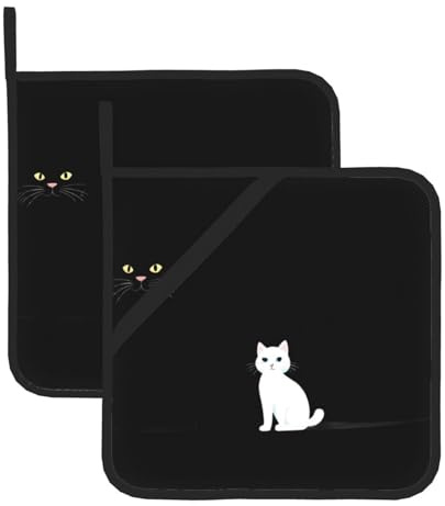 WHJSHOP Quadratischer isolierter Topflappen, Motiv: große schwarze Katze und kleine weiße Katze, 20,3 x 20,3 cm, dick und langlebig, verbrühungssicher und wärmeisolierend, 2 Stück