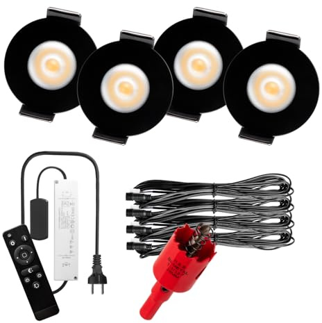 S-Polytec PREMIUM Mini LED- Einbauspots Warmweiß 3.000K, DIMMBAR, IP65, FUNK 3W Einbaustrahler Terrassenüberdachung, Bad, Sauna mit Fernbedienung (SCHWARZ, 4x LED-SET (Warmweiß))