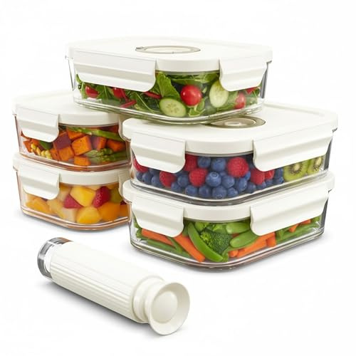SPARES2GO Recipientes de vidrio para almacenar alimentos al vacío con tapas de cierre hermético (paquete de 5, medianos, 1040 ml) + bomba de sellado manual