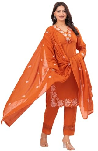TAGAAI Women’s Cotton Embroidered Kurta Pant Dupatta Set | 3-Piece Indian Ethnic Suit for Women | Traditional Kurti Set for Wedding Guest, Festive, Party & Evening Wear - X-Large