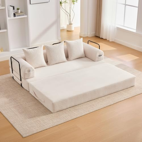Zubaliya Divano convertibile a 3 posti con tasche laterali e tre cuscini, divano letto pieghevole a compressione con struttura in metallo resistente, divano a 3 posti in velluto a coste (Beige+3 posti