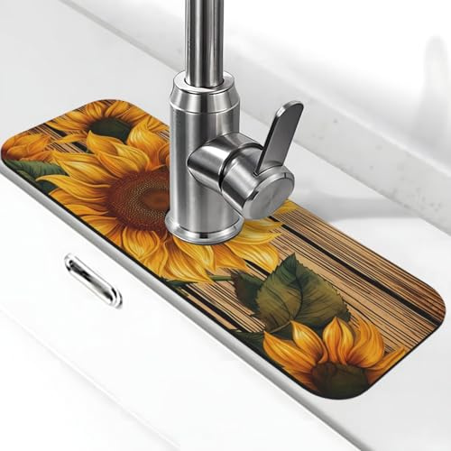Paint Wooden Board Sunflower Faucet Mat for Kitchen Sink Splash Guard Diatomite Fast Drying Mat Super Absorbent Guard Behind Faucet Handle Drip Catcher Faucet Suction Pad Sink Tray 5.5×15