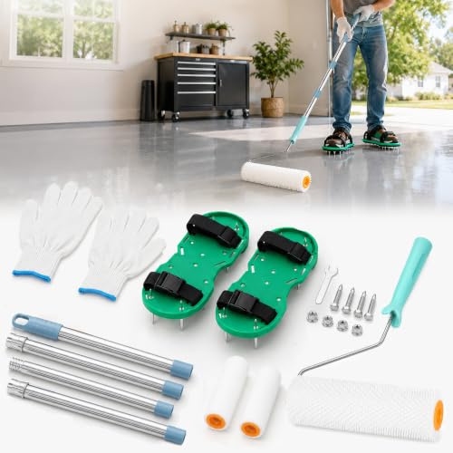9 inch Spiked Roller Self Levelling with Spiked Shoes for Self Levelling | Spiked Roller With Extended Handle Paint Roller And Gloves,Spike Roller For Self Levelling Floor,Cement,Paint Jobs