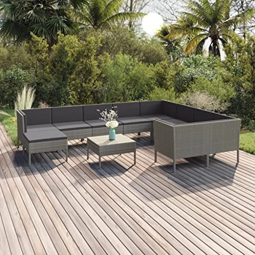 HGFDCBK Set lounge da giardino 11 pezzi con cuscini in polyrattan grigio, gruppo seduta con cuscini, set lounge modulare in rattan PE e struttura in acciaio