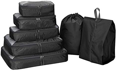 G4Free 3/6/7 delar resekub packning förvaringsväska för resväska kläder olika storlekar på kuber, Svart, (S+Slim+M+L+XL+Drawstring Bag+Shoes Bag)-7PC