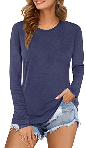 Beluring T-Shirt Femme Hauts Col Rond Blouse Manches Longues T-Shirt Automne Tunique Tops Bleu Marine XL