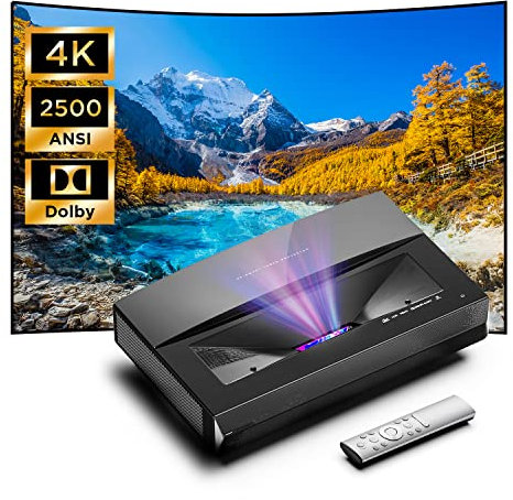 Proiettore 4K a Ottica Ultra-corta,2500 ASNI Lumens con 3 colori, HDR 10, MEMC, Dolby, DTS Sound, WiFi Bluetooth proiettore, Home Cinema,4K Smart TV