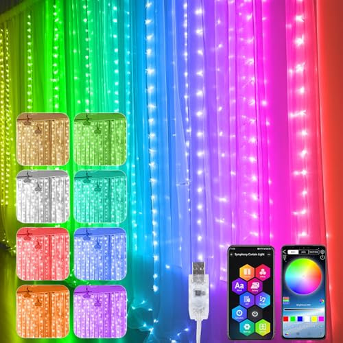 Lichterketten Vorhang, 3x3m 300 LED Lichtervorhang RGB 16 Mio. Farben APP und USB, Sync mit Musik Lichterkettenorhang innen Bunt für Festliche Party Innen und außen Deko,Smart Lichtervorhang
