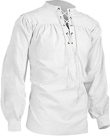Steampunk, camicia da uomo medievale, con volant, in lino, a maniche lunghe, medievale, con lacci, colletto alto, gotico, steampunk, scollo a V, tinta unita, bianco, 5XL