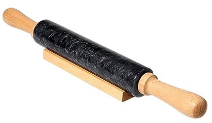 Mattarello in marmo con manico e base in legno, strumenti for pizza antiaderente, mattarello salva sforzo for torta di pasta di pane (Color : black)