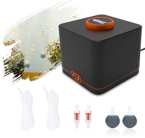 hygger Aquarium Luftpumpe, Aquarium Luftpumpe Extrem Leise für Aquarien mit 2 Luftauslässen, 4W Verstellbare Sauerstoffpumpe mit Luftschlauch,Prüfe Ventile,Ausströmerstein für Aquarien bis zu 1100L