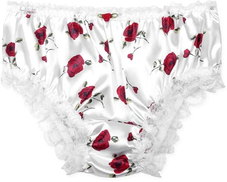 Satini Raso Pizzo a Balze Femminuccia Culotte Slip Mutandine Biancheria Intima (Bianco - Rose Rosse, M)