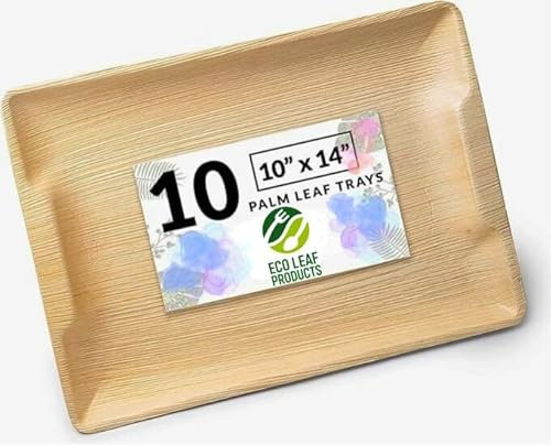 ECO Leaf 10 Disposable Wooden Serving Trays, Large 14x10 inch (35x25cm), Like Bamboo Plates, Eco-Friendly, Biodegradable Heavy-Duty Platter for Starter, Wedding, Party & Picnic, Microwave & Oven Safe