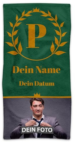 Print Royal PR Handtuch personalisiert mit Foto, Name und Datum - Personalisiertes Handtuch Bedrucken - Individuelles Geschenk für Männer zum Geburtstag, Valentinstag| 100 x 50 cm, grün