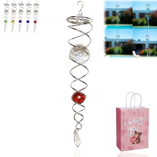 DASHENRAN Gazing Ball Spiral Tail Wind Spinner Stabilizer, Decorative Spiral, Spiral Wind Spinner, 12 Inch Wind Spinners Hanging, Sun Catcher Crystals Gazing Ball, Garden Decoration (Red), Large