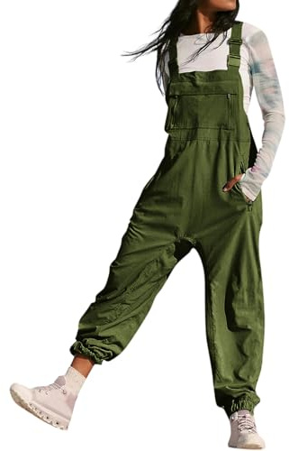 Damhängselbyxor breda ben jumpsuit justerbara remmar byxor dragkedja ficka hängselbyxor lös passform baggy målning overaller för kvinnor långa lekdräkt byxor, gRÖN, M