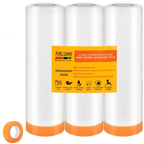 FIRLUNHI Abdeckfolie mit Klebeband,3 rolls of 110CM x 15M,abdeckfolie maler,abdeckfolie auto lackieren,Selbstklebende folie,Für Wandanstriche, Schutz von Autolacken, Staubschutz für Möbel