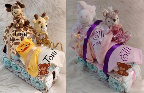 Baby Geschenk zur Geburt - Windeltorte für Junge und Mädchen - Pampers 3 Neugeborenen Windelzug mit Namen -Verschiedene Designs - Kuscheltuch personalisiert - Rassel - Waschlappen bestickt - neutral