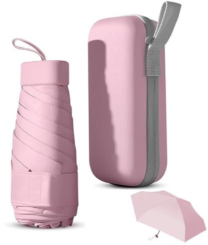 Amexo Mini Paraguas Plegable con Estuche, Paraguas Pequeño con 6 Costillas Paraguas Compacto Paraguas Resistente al Viento Paraguas Viaje Resistente a los Rayos UV para Mujer Hombre Niños (Rosa)