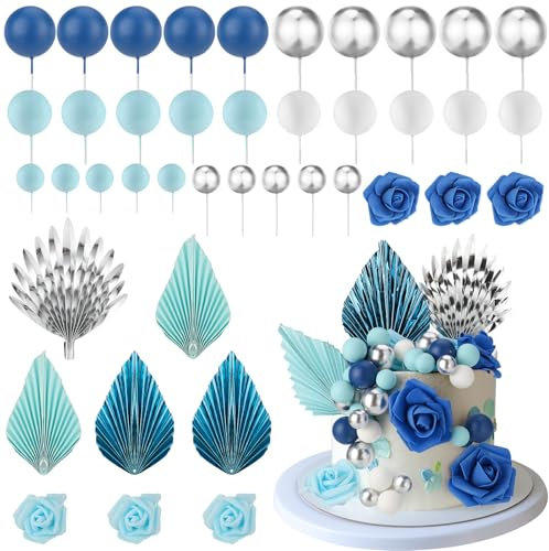 GSrenyu Blue Cake Decoration, Blue Sliver Rosa Birthday Cake Topper, Cake Toppers for Men Women Wedding Cake Decorations for Birthday Shower Party