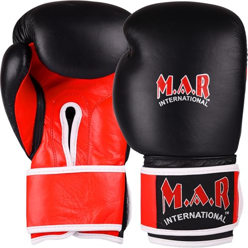 MAR Boxing Gloves Men Women Adult Unisex Kids Genuine Cow Hide Leather Sparring Training Gloves MMA Sparring Kickboxing Heavy Punch Bag Mitt Work Training Muay Thai Fighting (Black & Red, 24 OZ)