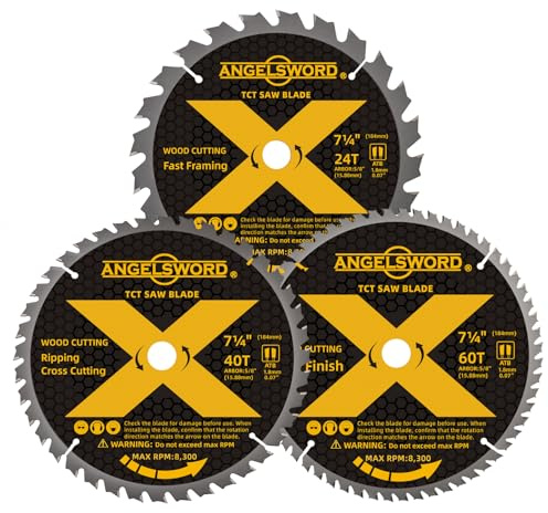 ANGELSWORD 7-1/4 Inch Circular Saw Blade, 24T for Framing&40T for Ripping, Cross Cutting&60T for Fine Finish Wood Cutting, 3 Pack