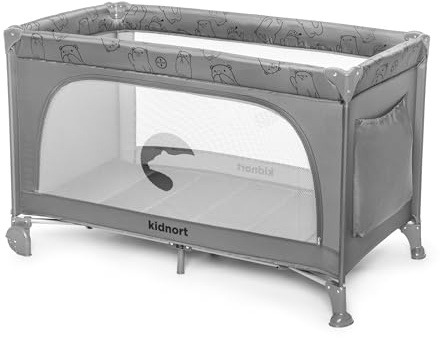 kidnort Grotta Reisebett Baby mit Matratze klappbares Babybett Kinderreisebett mit Seiteneinstieg Netzseiten 2 Rollen mit Bremse Tragetasche für Reise und Zuhause Hellgrau