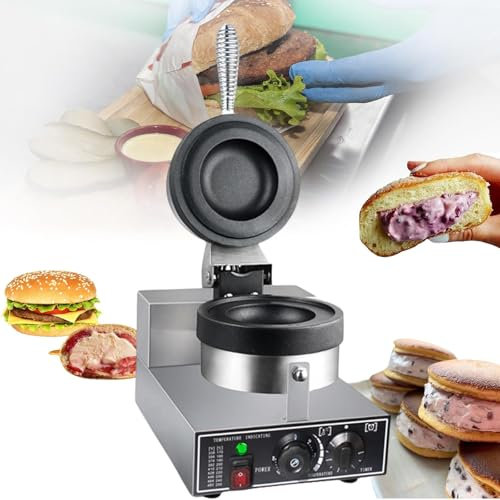 QIANMEI Electric Burger Waffle Maker, 1200W Commercial Non-stick Ice Cream Panini Press UFO Hamburger Baker Machine, Adjustabale Temperature (122-572℉) & Timing (0-5Min)