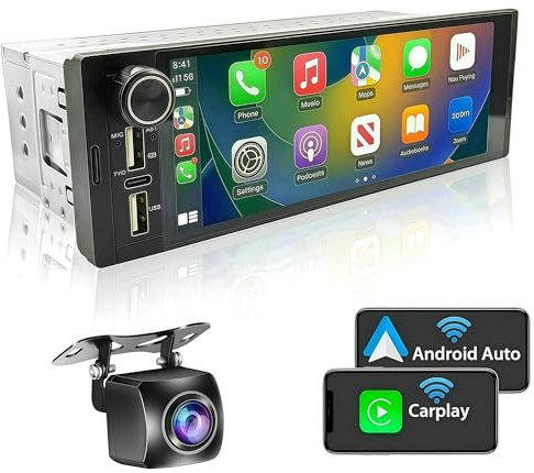Single Din Car Stereo with Wireless CarPlay Android Auto,6.9 HD Touchscreen Bluetooth FM/RDS Radio,Rear View Camera USB Charge EQ Audio SWC