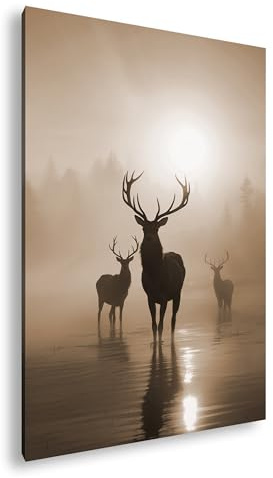 deyoli Silhouetten im Morgendunst – Hirsche im goldenen Nebel Format: 100x70cm Effekt:Sepia XXL Kunstdruck Motiv auf Holzrahmen/Leinwandbild/Wandbild/Wohnzimmer Dekoration