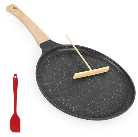 Gimars Poêle à Crêpes 26cm - Fonte Aluminium Antiadhésive - Manche Amovible Ergonomique - Tous Feux (Induction & Gaz) - Avec Racloir & Répartisseur de Pâte Inclus - Sans PFOA