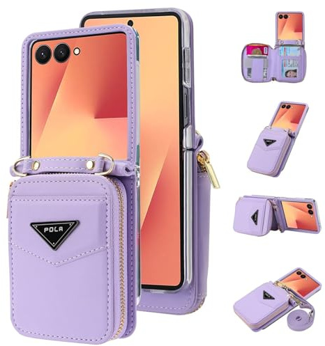 ESONG Funda movil para Samsung Galaxy Z Flip 7,Billetera Carcasa Protectora Antigolpes Cover Case,Cartera de Cuero PU a Prueba de Golpes con Ranuras para Tarjetas/Correa/Soporte,para Mujer-Violeta
